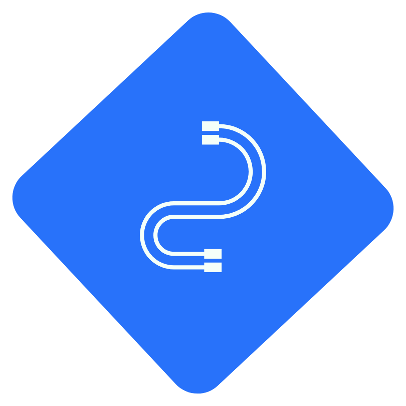 Weiße, geschwungene Leitung mit zwei Steckverbindern auf blauem, rautenförmigem Hintergrund, symbolisiert eine Verbindung oder ein Kabel, minimalistischer und moderner Grafikstil.