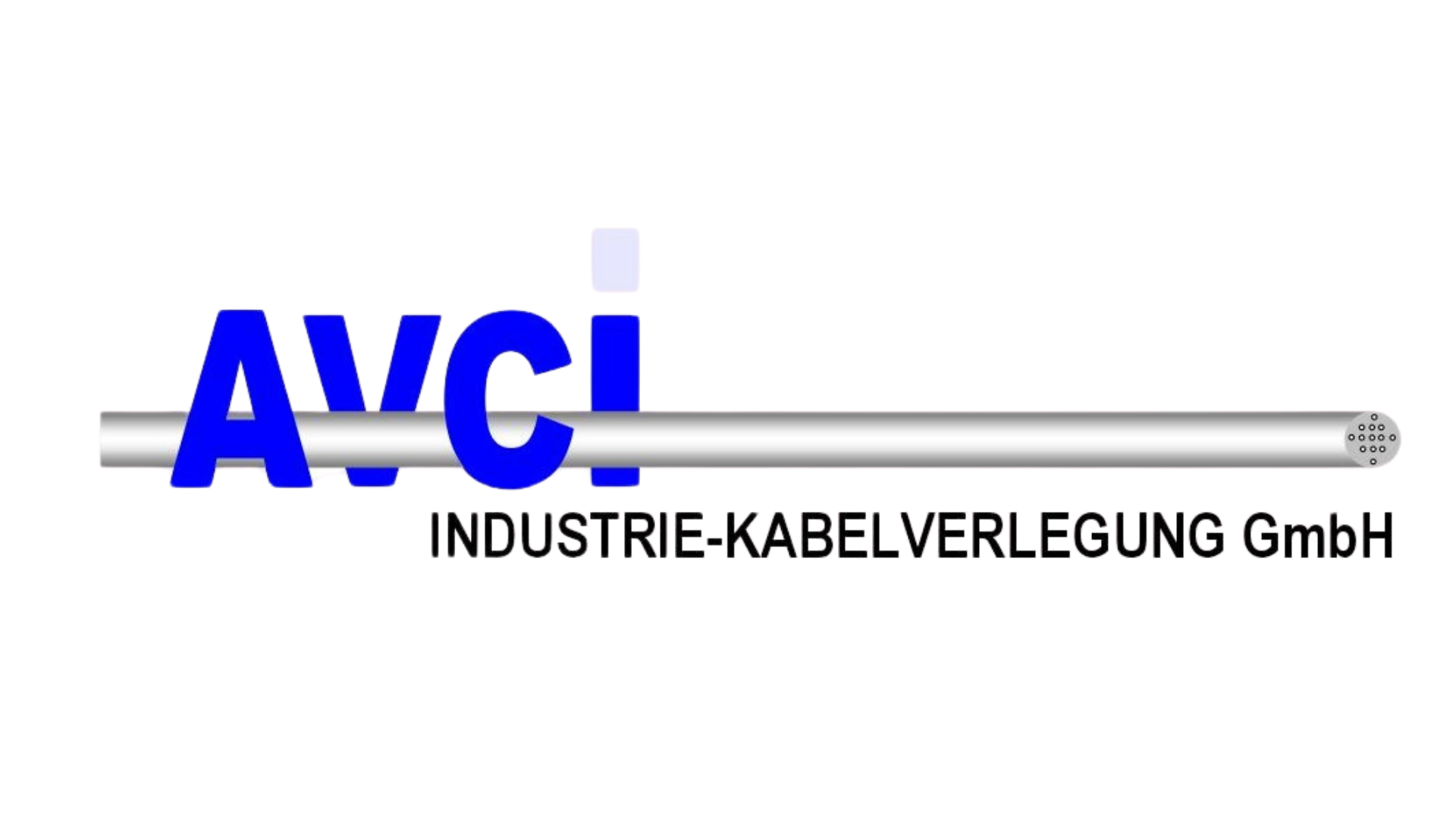 Logo der AVCI Industriekabelverlegung GmbH mit großem blauen Schriftzug 'AVCI', einem stilisierten Kabel, das horizontal durch das Logo verläuft, und dem Firmennamen darunter.