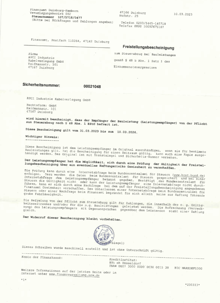 Amtliches Schreiben des Finanzamts Duisburg-Hamborn an die AVCI Industrie Kabelverlegung GmbH, das eine Freistellungsbescheinigung zum Steuerabzug bei Bauleistungen gemäß § 48b EStG für den Zeitraum 31.03.2023 bis 10.03.