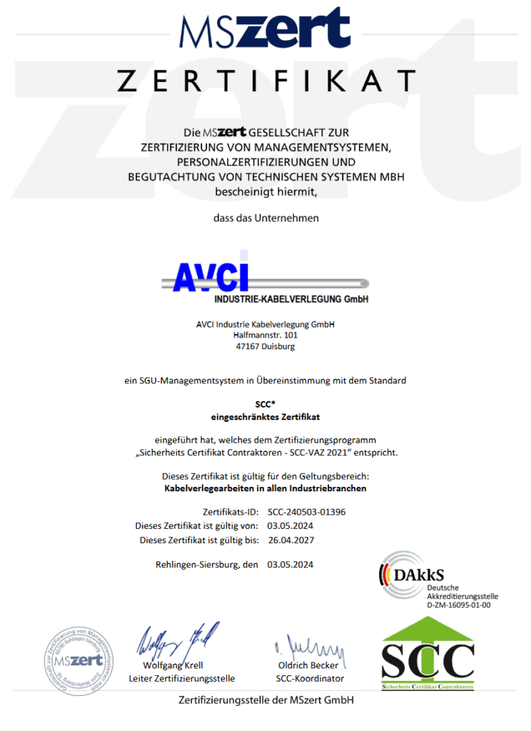 Zertifikat der MSzert GmbH für die AVCI Industrie Kabelverlegung GmbH, das die Einführung eines SGU-Managementsystems nach dem SCC-Standard für Kabelverlegearbeiten in allen Industriebranchen bestätigt.
